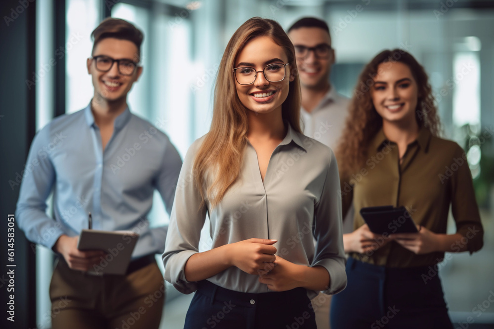 Fototapeta premium A group of business workers smiling happily and confidently. Working together with a smile on their faces. A young beautiful woman standing, explaining documents in the office