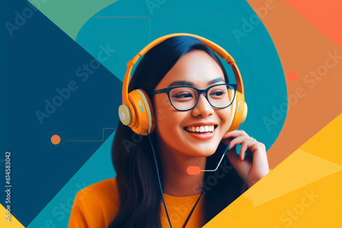 A filipino virtual assistant that's work from home, wearing a headset with a microphone, on a web call, looking at the camera smiling. Background colors are hues of yellow, blue, and orange photo