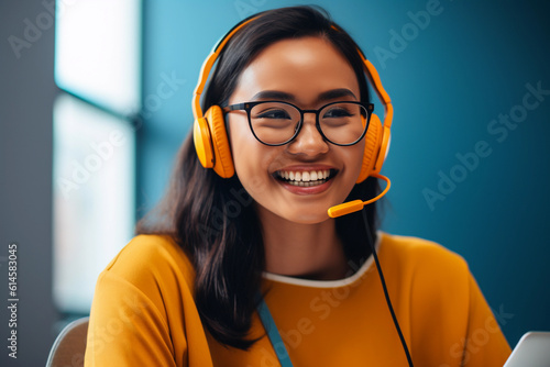 A filipino virtual assistant that's work from home, wearing a headset with a microphone, on a web call, looking at the camera smiling. Background colors are hues of yellow, blue, and orange photo