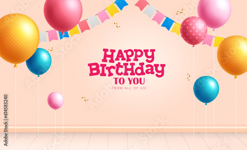 Happy birthday text vector design. Birthday balloons and pennants party decoration elements. Vector illustration greeting card background.