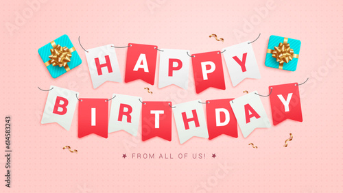 Happy birthday text vector design. Birthday greeting pennants and streamers in red and white letter in pink background. Vector illustration of party decoration.