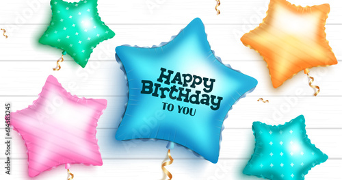 Birthday balloons vector design.. Happy birthday greeting text in star balloon party elements in wooden white background. Vector illustration for birthday decoration.