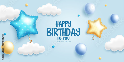 Happy birthday text vector design. Birthday greeting with sky, clouds and flying balloons in blue background. Vector illustration for baby boy celebration.