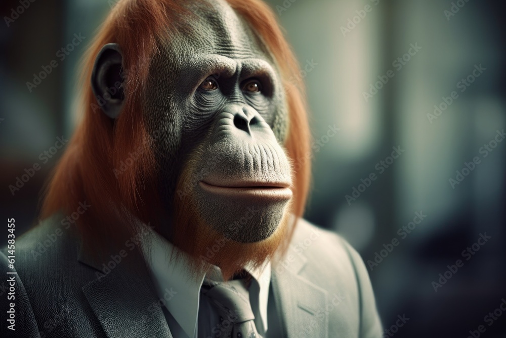 Anthropomorphic orangutang dressed in a suit like a businessman. Business Concept. AI generated, human enhanced