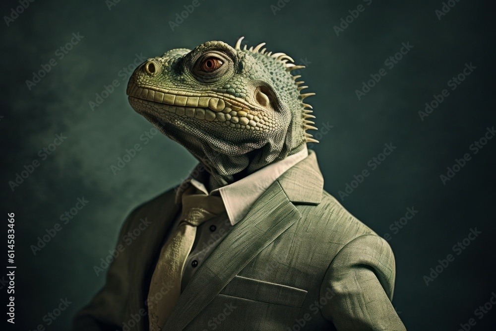 Anthropomorphic iguana dressed in a suit like a businessman. Business Concept. AI generated, human enhanced Anthropomorphic iguana dressed in a suit like a businessman. Business Concept. AI generated, human enhanced