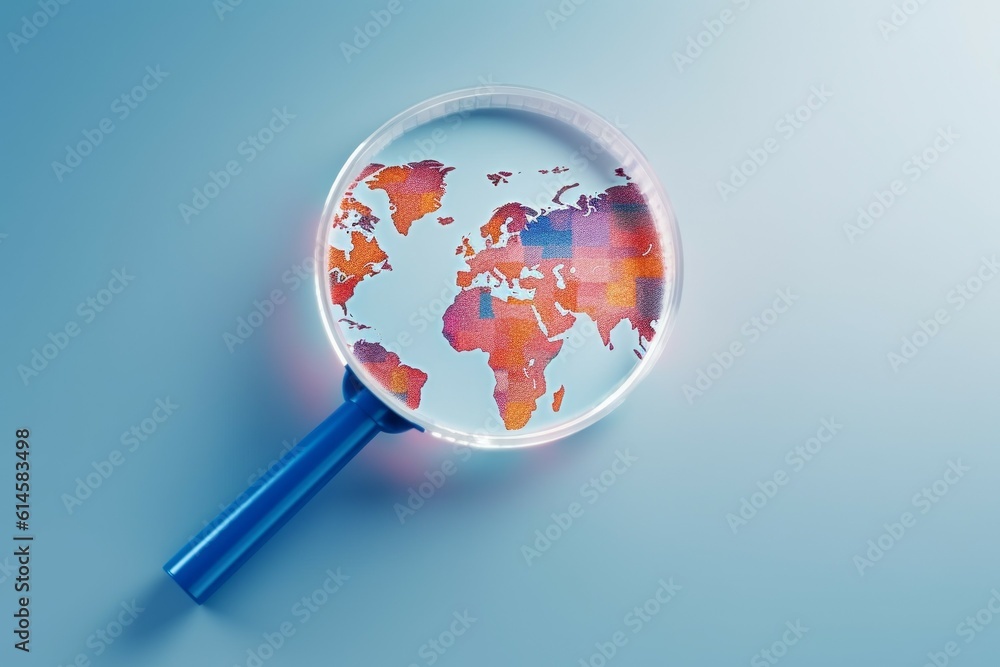 Magnifier with world map element. Global search concept. AI generated, human enhanced Magnifier with world map element. Global search concept. AI generated, human enhanced