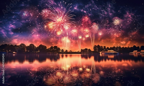 Celebratory fireworks over a lake — Generative AI