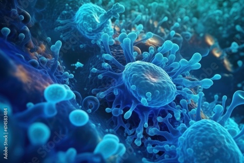 Bacteria cells under a microscope. AI generated  human enhanced