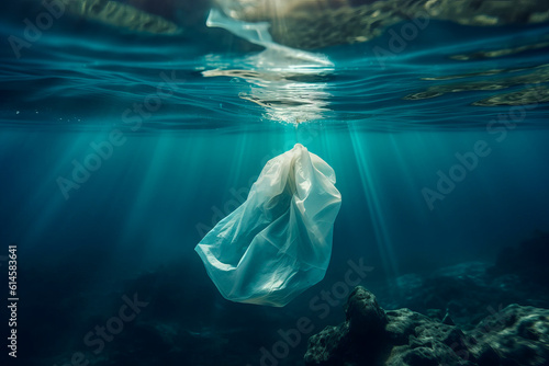 Plastic bag under the sea. AI generated, human enhanced.