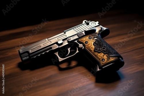 The gun is on the table. Background with selective focus. AI generated, human enhanced