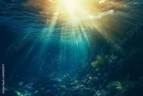 Transparent water, underwater sea background. Mockup or backdrop with sunbeams under water. AI generated, human enhanced © top images