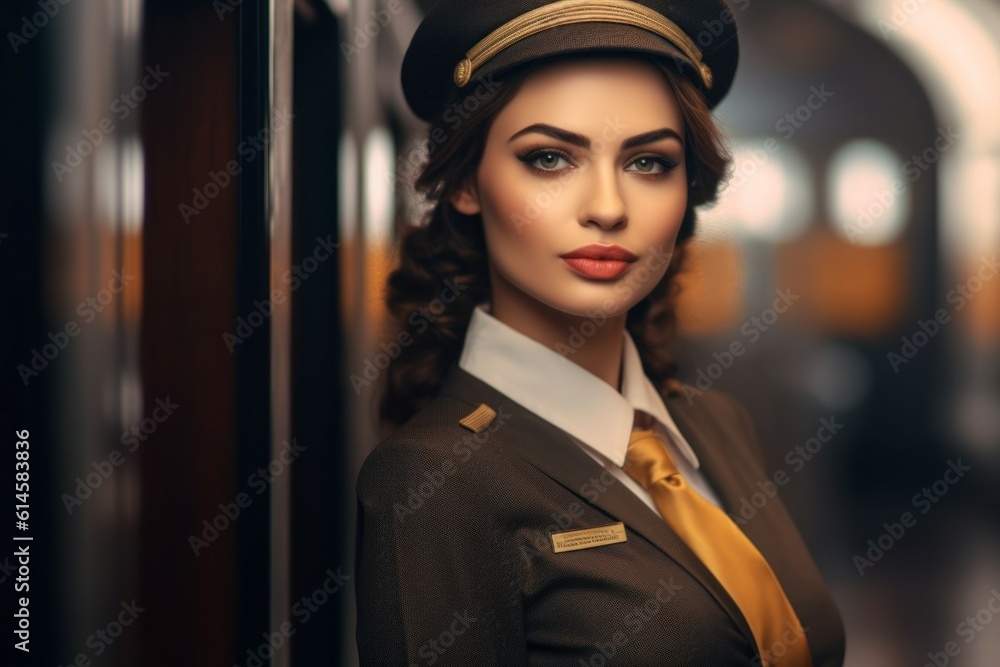 Stewardess. Background with selective focus. AI generated, human enhanced Stewardess. Background with selective focus. AI generated, human enhanced