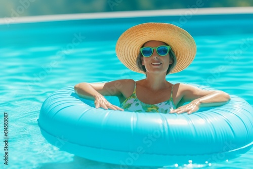 A woman is relaxing in a resort with an inflatable ring. Background with selective focus. AI generated, human enhanced