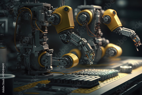 Manufacturing assembly line with robots. Parts automatic production. Generative AI