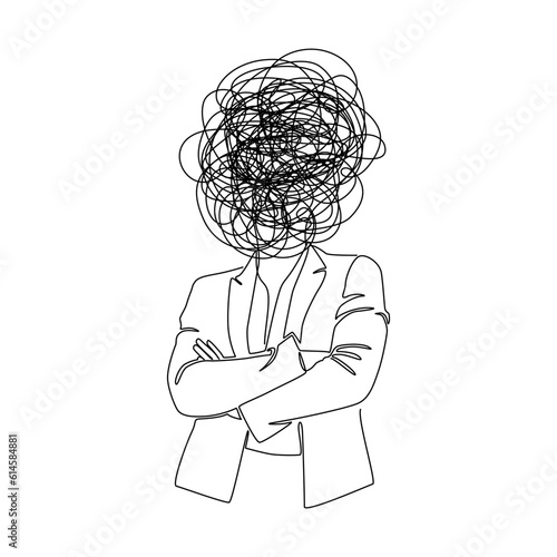 Continuous one line drawing of woman with confused messy feelings worried about bad mental health. Work burnout and depression anxiety concept in simple linear style. Doodle Vector illustration