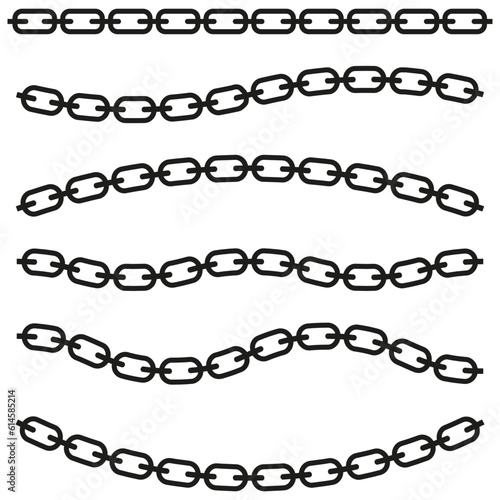 Set of chains. Curved, wavy, arcing straight chains. Vector illustration. stock image.