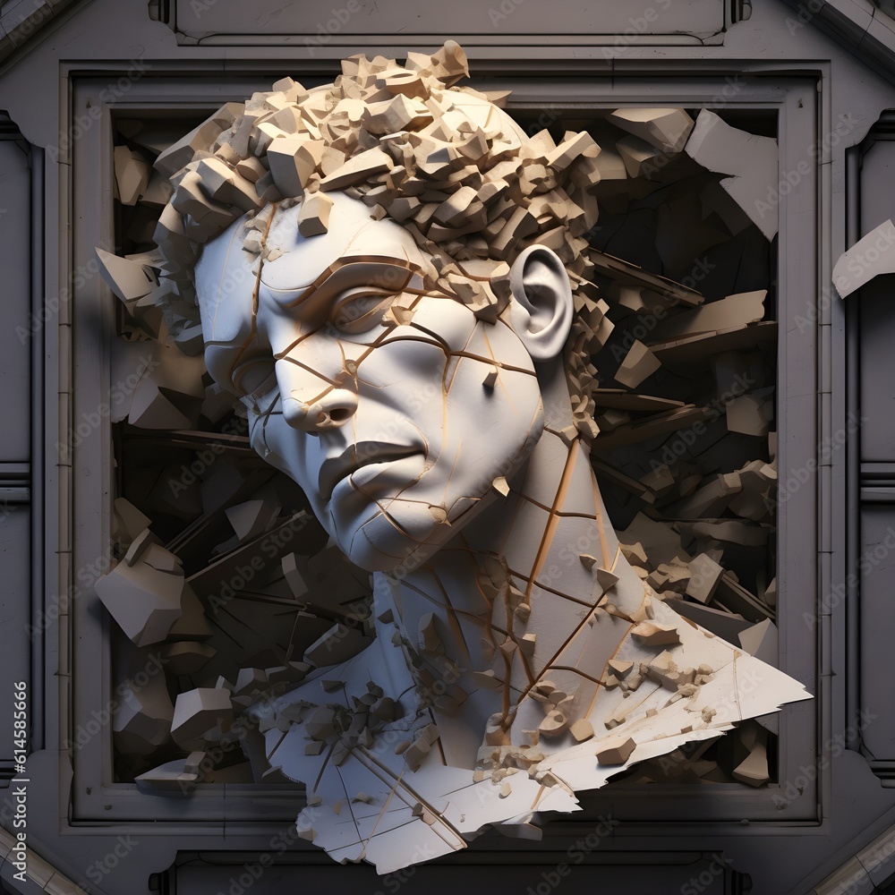 Ancient Greek statue's broken head falling into pieces an AI generated