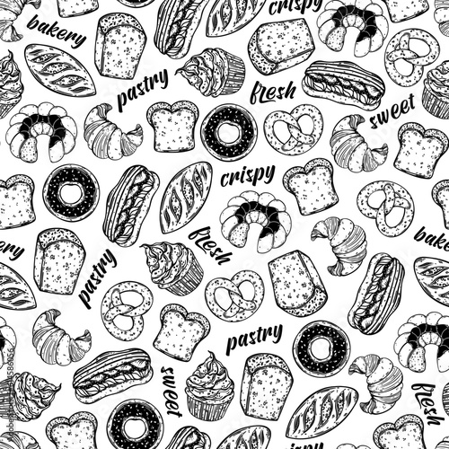 Fresh pastry seamless vector pattern. Brioche bread, cupcake, croissant, donut, loaf, salted pretzel. Organic baked goods. Delicious homemade bakery. Food sketch. Black and white background for print