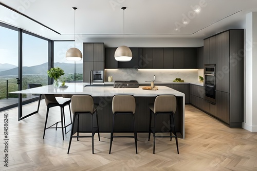 Front view of a modern designer kitchen with smooth handleless cabinets with black edges, black glass appliances, a marble island and marble countertops