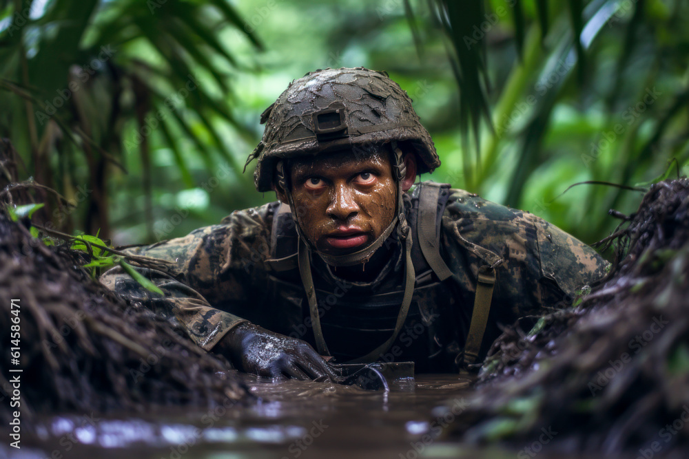 Army soldier covered in mud in the jungle. Generative AI