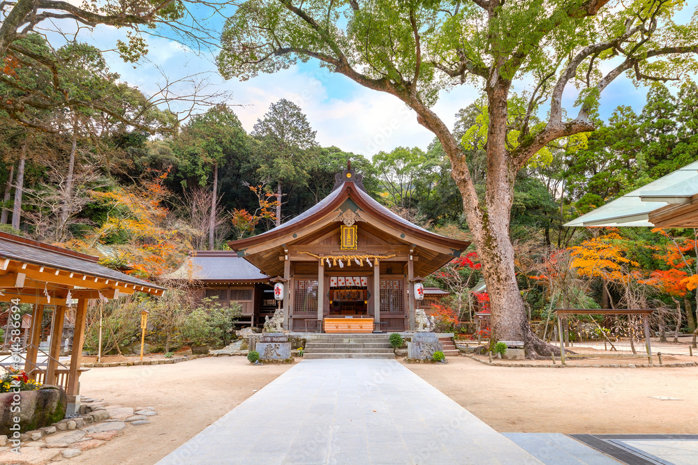 Fukuoka, Japan - Nov 30 2022: Homangu Kamado shrine located at Mt. Homan, venerated from ancient times as a sacred mountain, the shrine probably the inspiration for Kimetsu no Yaiba: Demon Slayer Fukuoka, Japan - Nov 30 2022: Homangu Kamado shrine located at Mt. Homan, venerated from ancient times as a sacred mountain, the shrine probably the inspiration for Kimetsu no Yaiba: Demon Slayer