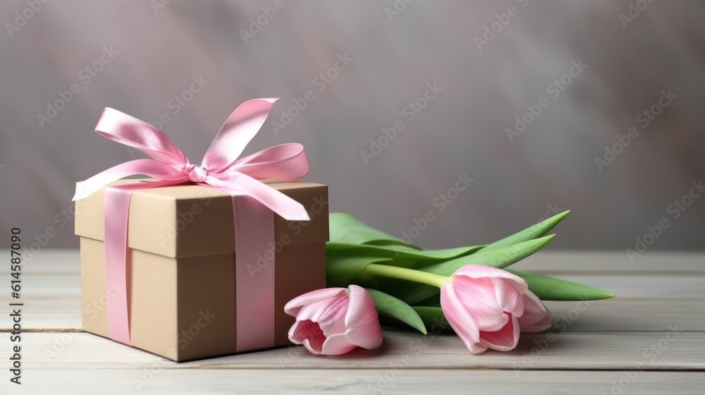 Beautiful gift box with bow and pink tulips on wooden table. Beautiful gift box with bow and pink tulips on wooden table.