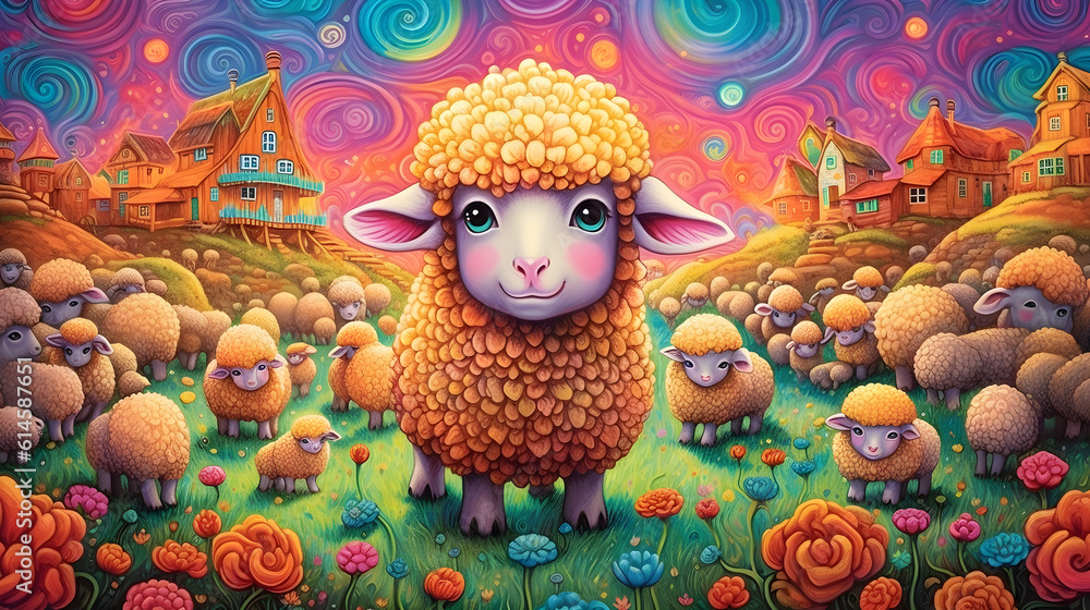 Sheep in the field, colorful illustration