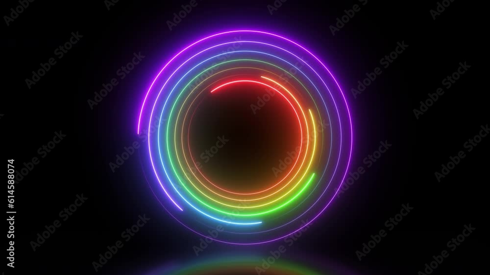 3d render neon glowing rainbow circle on black background. Seamless looping animation 3d render neon glowing rainbow circle on black background. Seamless looping animation