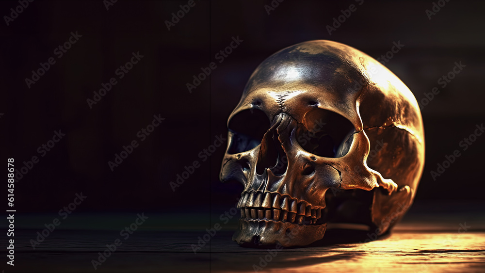 a spine-chilling still life portrays a human skull ominously positioned on a wooden plank. The dramatic dark lighting creates an ideal halloween backdrop a spine-chilling still life portrays a human skull ominously positioned on a wooden plank. The dramatic dark lighting creates an ideal halloween backdrop