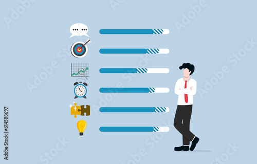 Improving individual skill set, skill training to be more effective employee, professional development concept, Businessman standing next to progress bar of skills which loading more.
