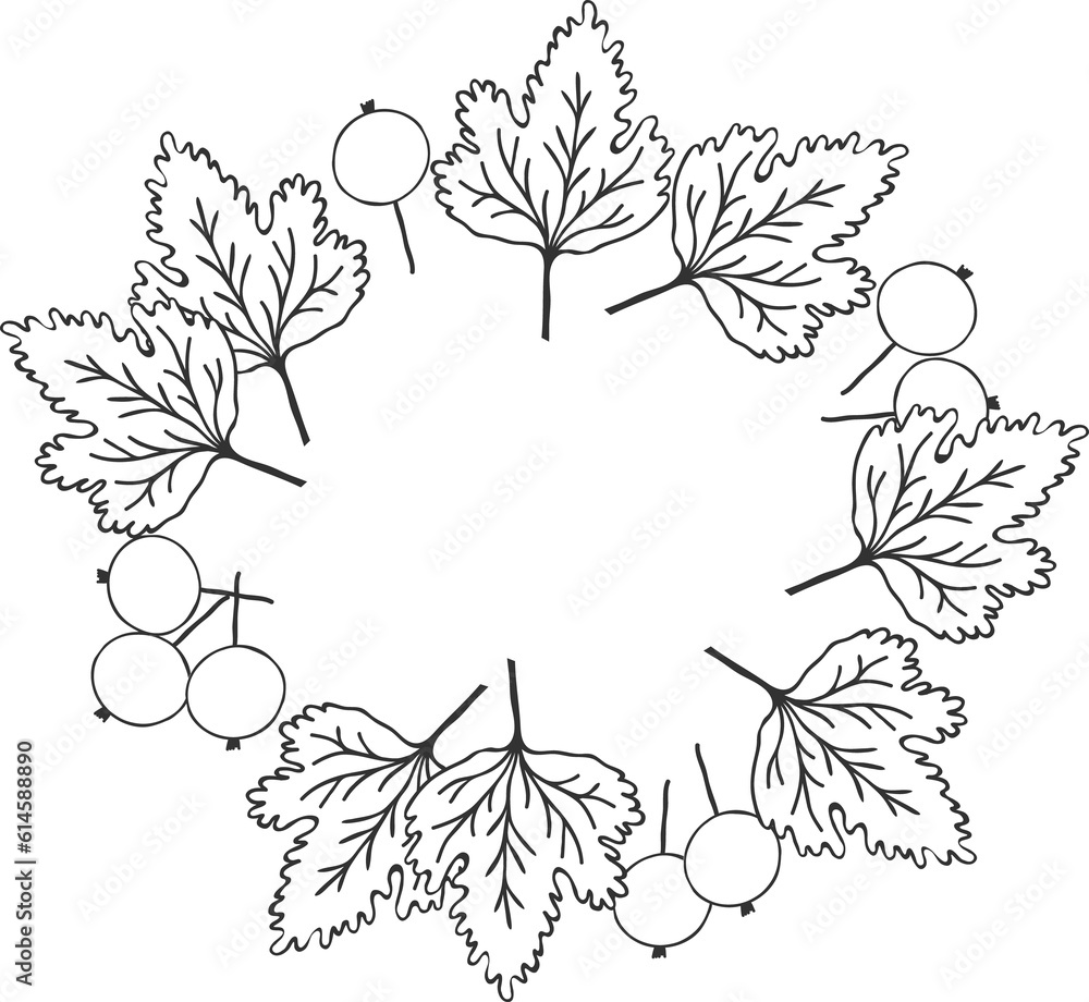 Frame of leaves and currant berries, sketch black and white silhouette