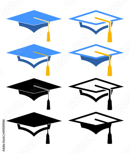 Set of Graduation cap, mortar board icons. Vector illustration of Academic caps. Student hat icon use for print, web and app.