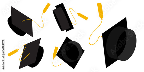 Set of Graduation cap, mortar board icons. Vector illustration of Academic caps. Student hat icon use for print, web and app.
