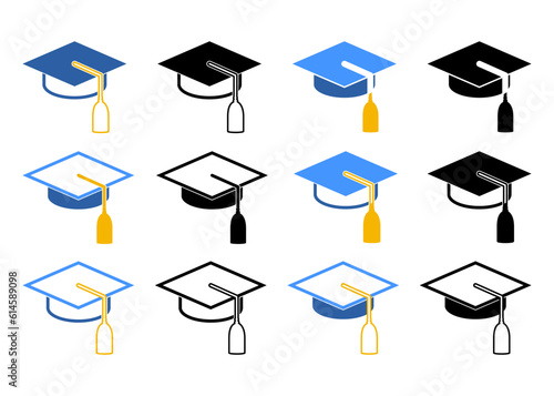 Set of Graduation cap, mortar board icons. Vector illustration of Academic caps. Student hat icon use for print, web and app.