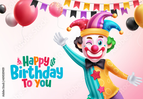 Happy birthday vector design. Birthday greeting text with party clown character, balloons and pennants decoration elements. Vector illustration celebration invitation card.