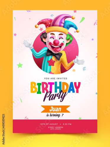 Birthday party text vector poster design. Birthday invitation, greeting and post card with clown character in colorful outfit. Vector illustration event celebration card template.