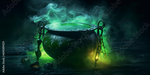 Halloween magical witches green bubbling cauldron with fog and mist floating around it with copy space created with Generative AI technology