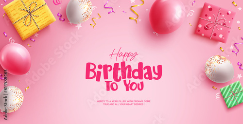 Happy birthday text vector design. Birthday balloons, gift box and confetti party elements in pink background. Vector illustration invitation card design.