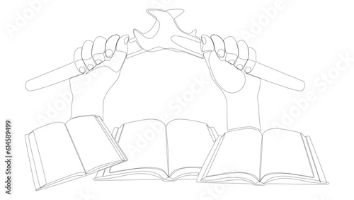 One continuous line of Book with Wrench. Thin Line Illustration Instruction Manual vector concept. Contour Drawing Creative ideas.