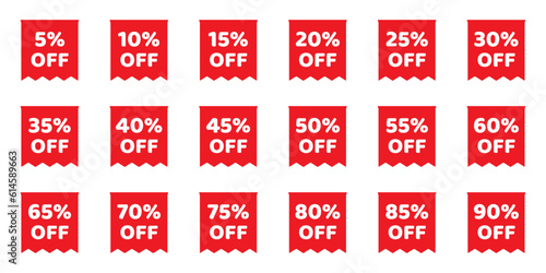 Discount sale off tag, 50, 20, 10, 40, 30, 60, 70, 45, 90, 5, 15 percent. Set sale offer emblem, badge price discount number. Flat offer stamp, sticker clearance sale. Finance product emblem. Vector