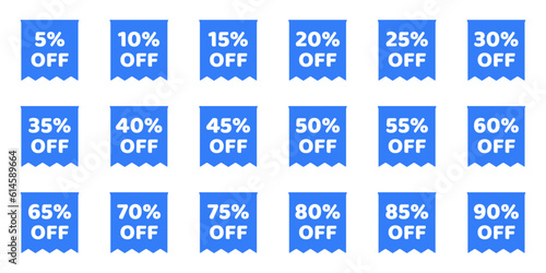 Discount sale off tag, 50, 20, 10, 40, 30, 60, 70, 45, 90, 5, 15 percent. Set sale offer emblem, badge price discount number. Flat offer stamp, sticker clearance sale. Finance product emblem. Vector