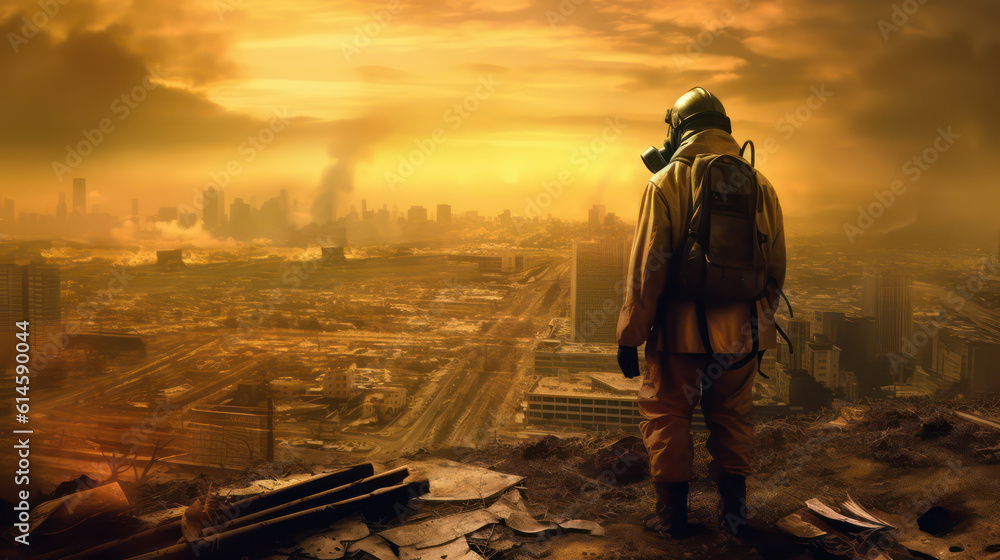 A scene of men in nuclear protection suits looking at a destroyed city from a high point. The city has been hit by an atomic bomb and is in flames. contrast between safety and danger AI Generative
