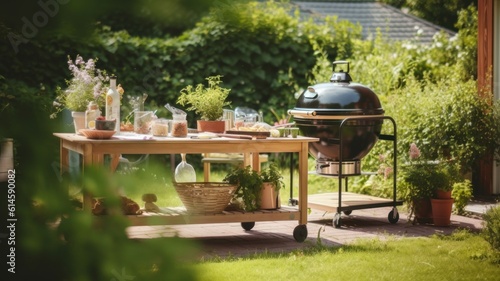 Barbecue and Picnic Table in a Garden on a sunny day in summer. Generative AI illustration.