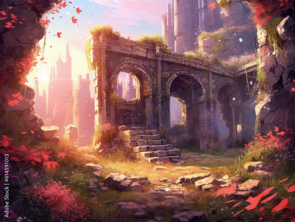 Remains of an abandoned building overgrown with vegetation with an anime style
Remains of an abandoned building overgrown with vegetation with an anime style