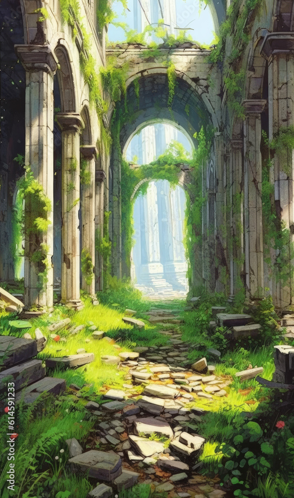 Remains of an abandoned ancient building overgrown with vegetation with an anime style