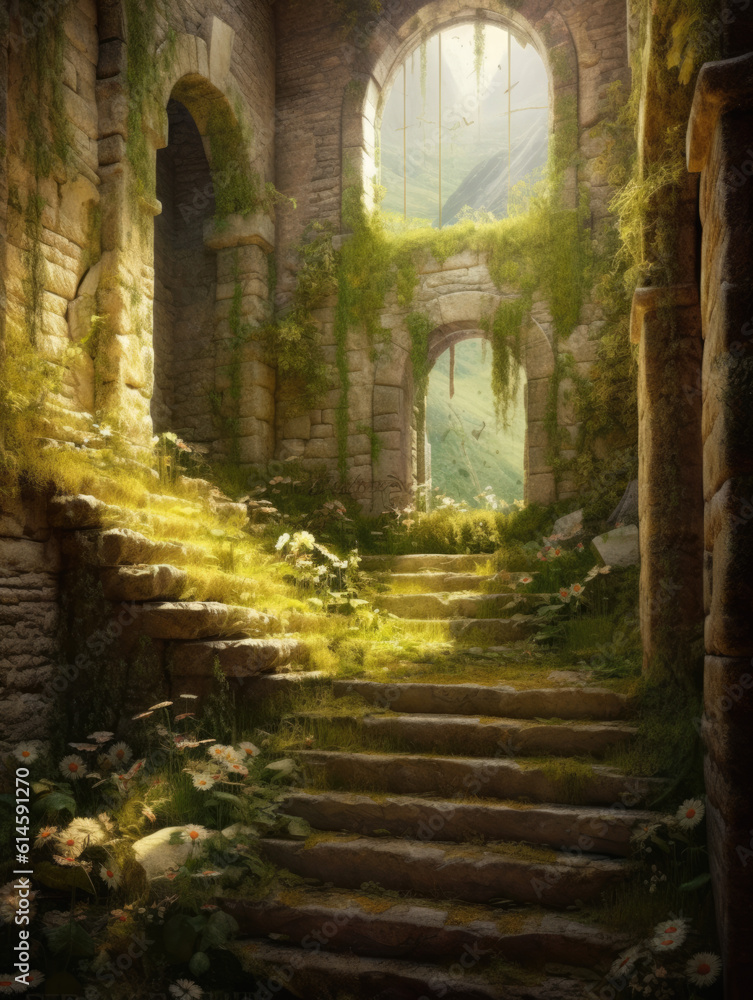 Obraz premium Remains of an abandoned ancient building overgrown with vegetation