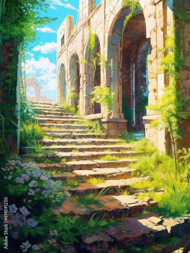 Remains of an abandoned ancient building overgrown with vegetation with an anime style