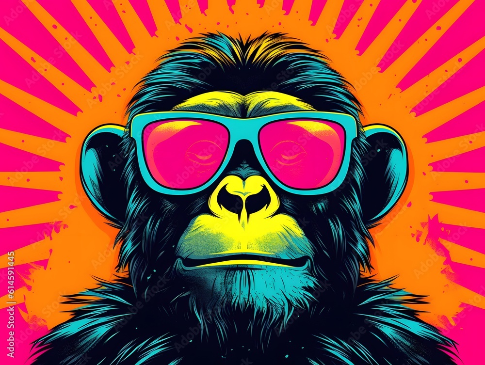 a monkey holding a banana and donning black mirrored sunglasses. Generative AI