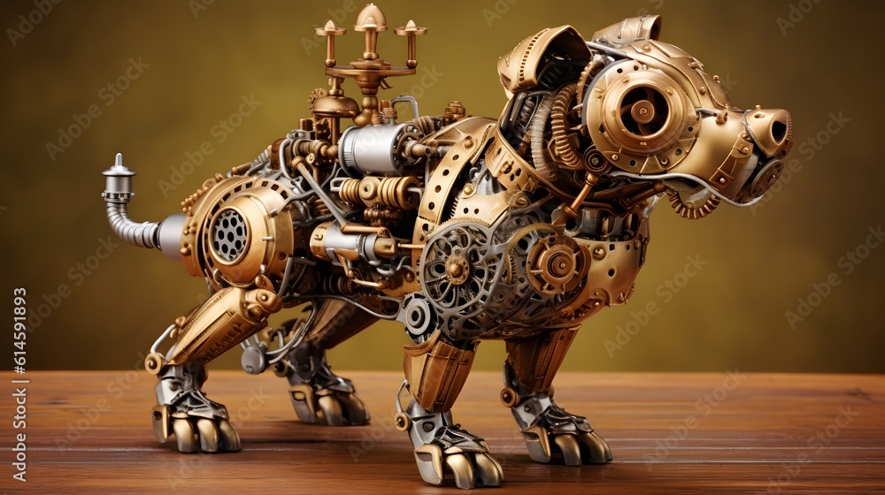 A steampunk robot dog with steam powered limbs and gears. Generative AI A steampunk robot dog with steam powered limbs and gears. Generative AI