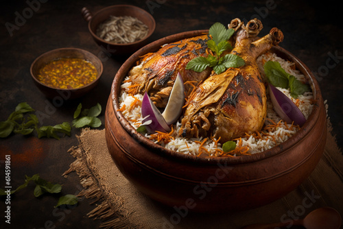 Bengali Chicken Biryani: Mildly spiced, succulent chicken with fragrant basmati rice and aromatic spices chutney and papadum for a delightful meal. Generative AI. photo